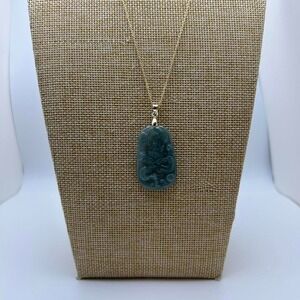 Dragon Burma Jade Carved Pendant Necklace w/ 24K Gold Plated Chain